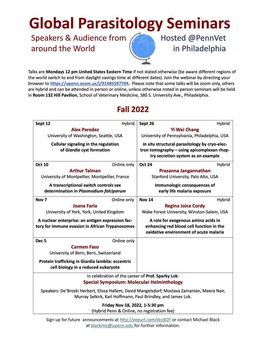 Boris Striepen (@striepenlab) on Twitter photo The lineup for this fall's Global #Parasitology Seminars. Lots of exciting new stars in the field! Also check out the Lok worm symposium in Nov <a href="/BSPparasitology/">British Society for Parasitology</a> <a href="/TrendsParasitol/">Trends in Parasitology</a> <a href="/AS_Para/">Aust Soc for Para</a> <a href="/ParaFrap/">LabEx ParaFrap</a> <a href="/PLOSBiology/">PLOS Biology</a> <a href="/pennvet/">Penn Vet</a> <a href="/PlasmoHD/">Parasitology Unit Heidelberg</a> <a href="/parasitesrule/">parasitesrule</a> <a href="/pennbgs/">Penn BGS</a> <a href="/Helm_Soc/">Helminth Society DC</a> <a href="/ASTMH/">ASTMH</a> <a href="/Ariel_Lab/">LaBTryps</a> The lineup for this fall's Global #Parasitology Seminars. Lots of exciting new stars in the field! Also check out the Lok worm symposium in Nov <a href="/BSPparasitology/">British Society for Parasitology</a> <a href="/TrendsParasitol/">Trends in Parasitology</a> <a href="/AS_Para/">Aust Soc for Para</a> <a href="/ParaFrap/">LabEx ParaFrap</a> <a href="/PLOSBiology/">PLOS Biology</a> <a href="/pennvet/">Penn Vet</a> <a href="/PlasmoHD/">Parasitology Unit Heidelberg</a> <a href="/parasitesrule/">parasitesrule</a> <a href="/pennbgs/">Penn BGS</a> <a href="/Helm_Soc/">Helminth Society DC</a> <a href="/ASTMH/">ASTMH</a> <a href="/Ariel_Lab/">LaBTryps</a>