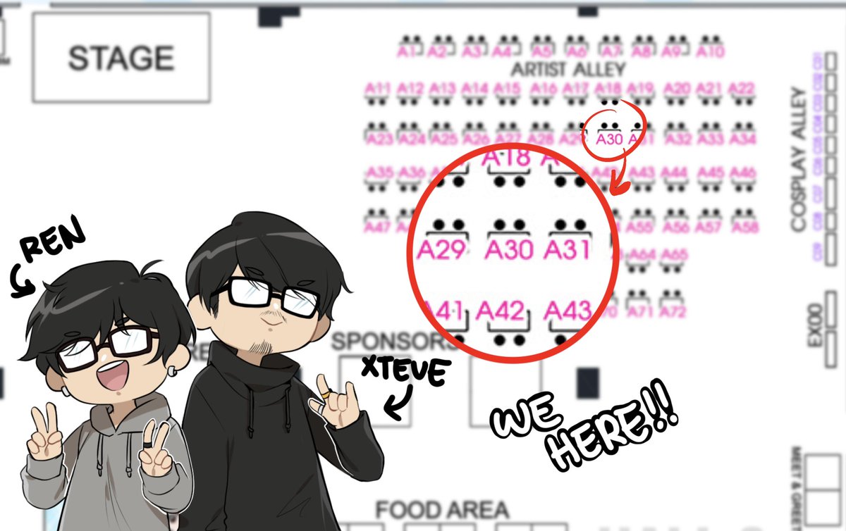 HEYOOO!! Xteve Abanto and I will be sharing a table for Otaku Expo 2022. This weekend Aug. 20-21, 2022 @ SM Megamall, Megatrade halls 2-3 ✨

We are located at A30 at the Artist Alley Area!
Swing by and come say hi at our little bakery 👀 