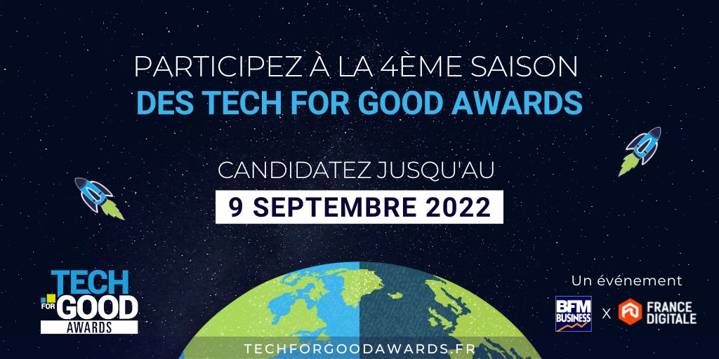 Nous sommes heureux de vous annoncer l'édition 2022 des Tech For Good Awards ! 🚀
L'événement numéro 1 de l'écosystème Tech !
Déposez dès aujourd’hui votre candidature : cutt.ly/aXmFxSM