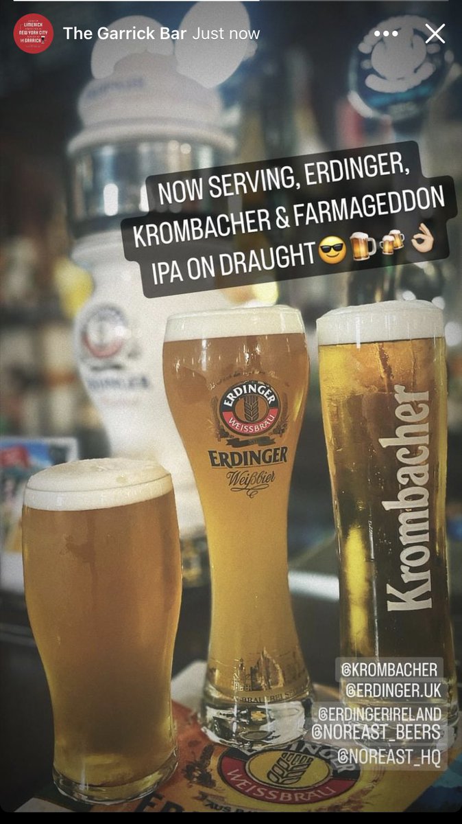 Delighted to say we have Erdinger Hefe, Krombacher Pils and Farmageddon IPA on draught in the iconic Garrick Bar Belfast.
#Prost <a href="/NoreastNI/">Noreast (NI)</a> <a href="/DavidNoreast/">Noreast</a> <a href="/NoreastDrinks/">Noreast Drinks</a> <a href="/ErdingerIRL/">Erdinger Ireland</a> <a href="/KrombacherIRL/">Krombacher Ireland</a> <a href="/FarmageddonBeer/">Farmageddon Brewery</a>