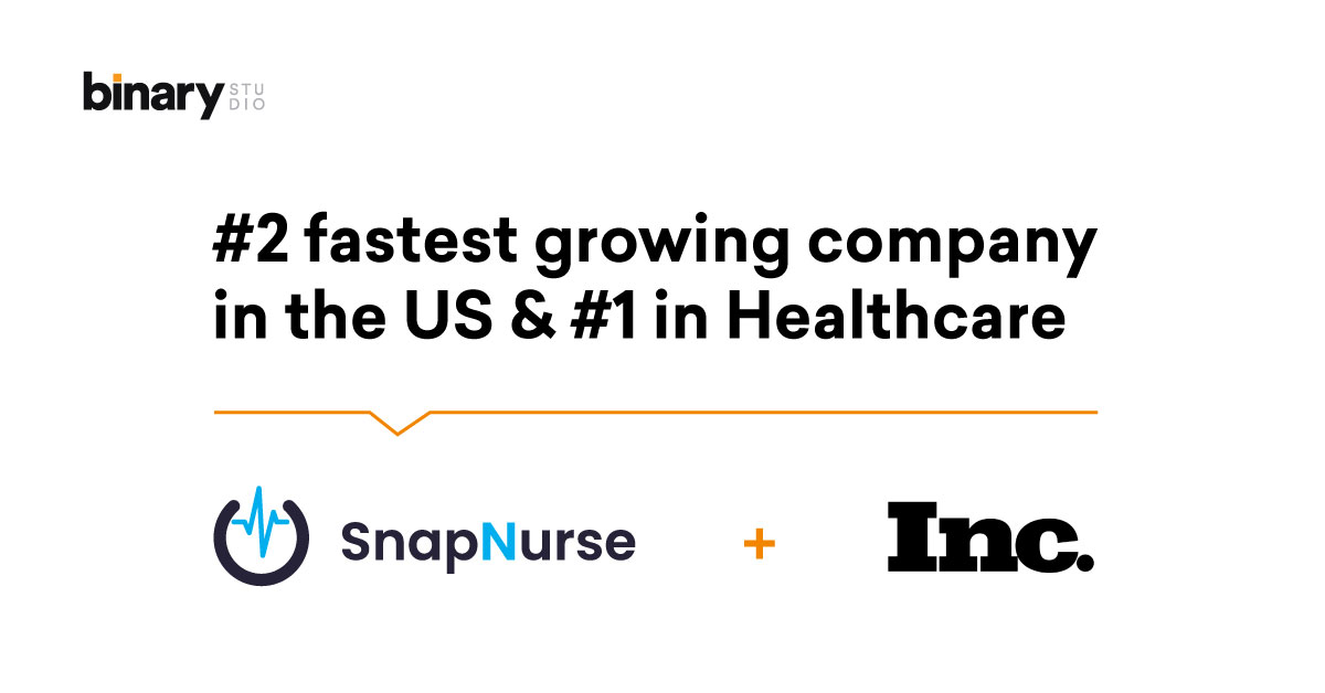 Binary_Studio's tweet photo. We are excited when our clients make progress and reach outstanding accomplishments. And even happier — when the #BinaryStudio team is a part of their success. @SnapNurse is honored by @TheIncMagazine as the #2 fastest growing company in the US and #1 in #Healthcare! Congrats!🎉 https://t.co/gyEk5K3Kgt