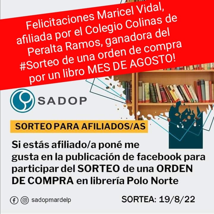 sadopmdp's tweet photo. Felicitaciones Maricel Vidal, afiliada por el Colegio Colinas de Peralta Ramos, ganadora del #Sorteo de una orden de compra por un libro MES DE AGOSTO!

Afiliate a SADOP en un sólo clic 👇
https://t.co/pmTfbx21YK
y comenzá a disfrutar de los beneficios!
#SomosSADOP https://t.co/NfzYSgKDso