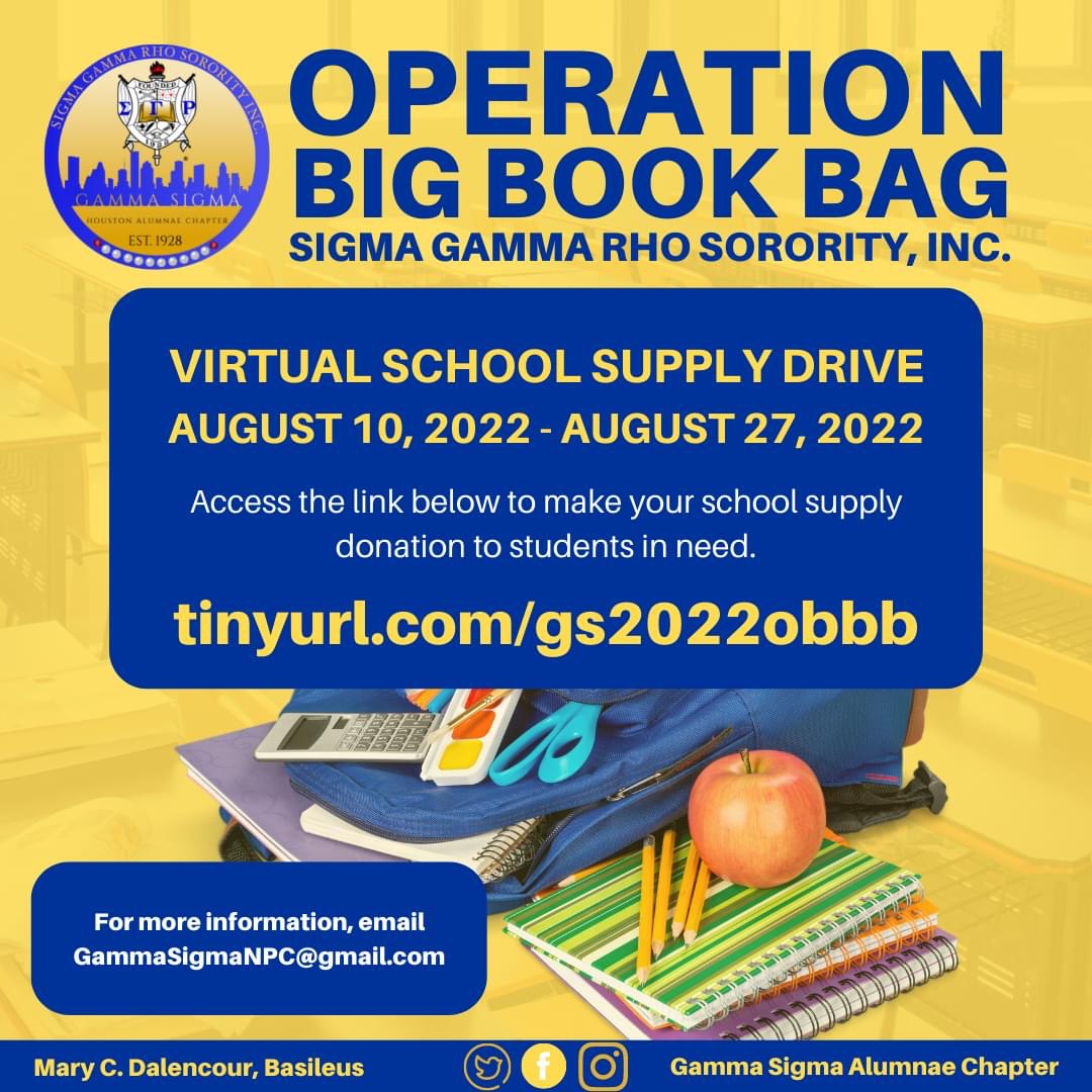 We can all make a difference! Support the Gamma Sigma Chapter Operation Big Book Bag school supply drive. Shop here: tinyurl.com/gs2022obbb 

#OBBB #OperationBigBookBag #SGRho1922 #SigmaGammaRho #GreaterServiceGreaterProgress
#GreaterWomenGreaterWorld #ServingTheCommunity