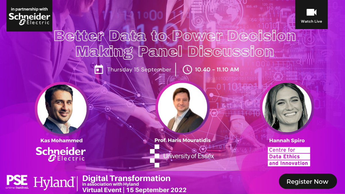 thepsenews's tweet photo. #PSE365 is excited to announce our Better Data to Power Decision Making Panel Discussion on 15 September!
Join us and register now to secure your place π
https://t.co/yQlyf05JsV
@SchneiderUKI | @Uni_of_Essex | @CDEIUK
#DigitalTransformation #DigitalSkills https://t.co/e5ZrOwp0f9