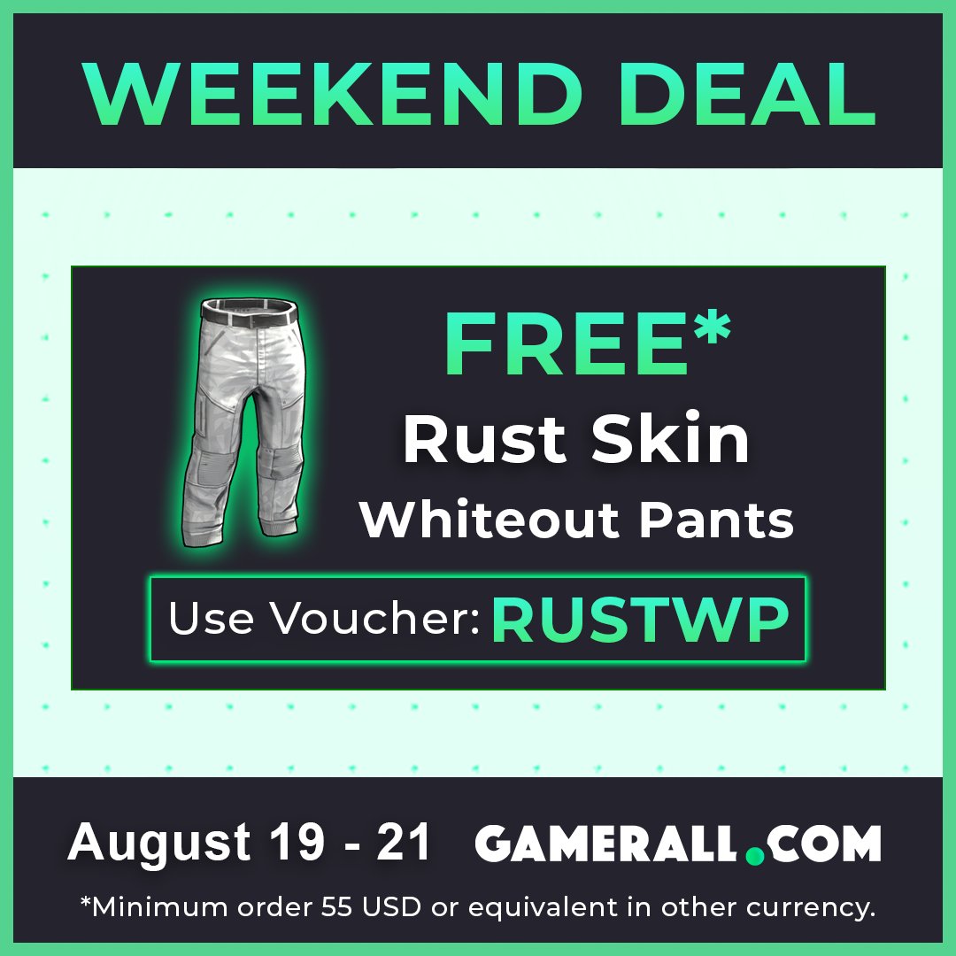 🔹 Order for more than 55 USD and apply voucher RUSTWP to grab 🎁 Free Item Whiteout Pants!

🛒 Shop Now: zcu.io/k42g  

#GamerAll #Rust