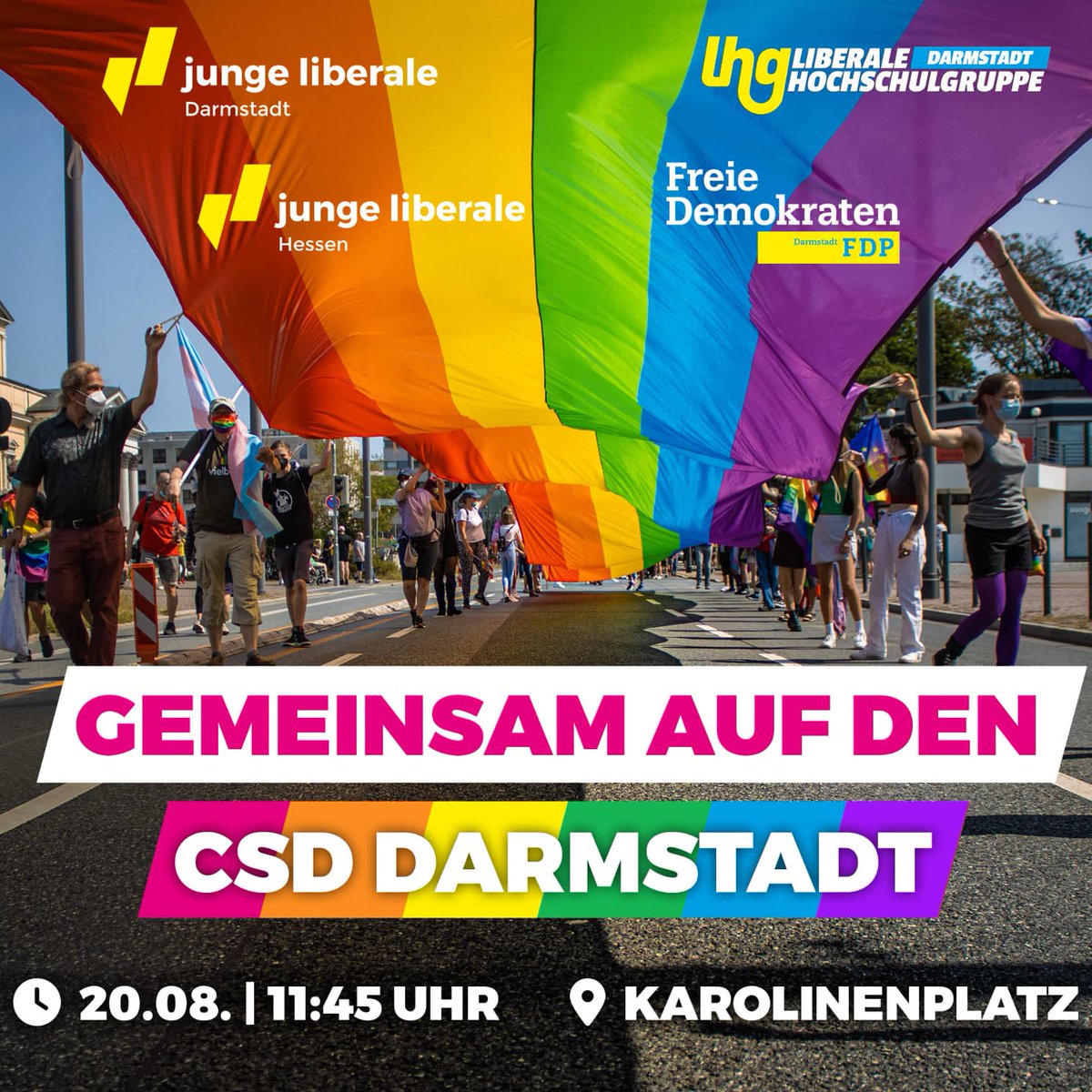 Morgen ist es wieder soweit. Der CSD Darmstadt findet wieder statt.
Wir, die JuLis werden als Fußgruppe mit dabei sein.
Komm auch DU vorbei und demonstriere mit uns für 
Freiheit, Toleranz und gegen Hass🏳️‍🌈🗽💛
Es gibt auch Freigetränke🤫