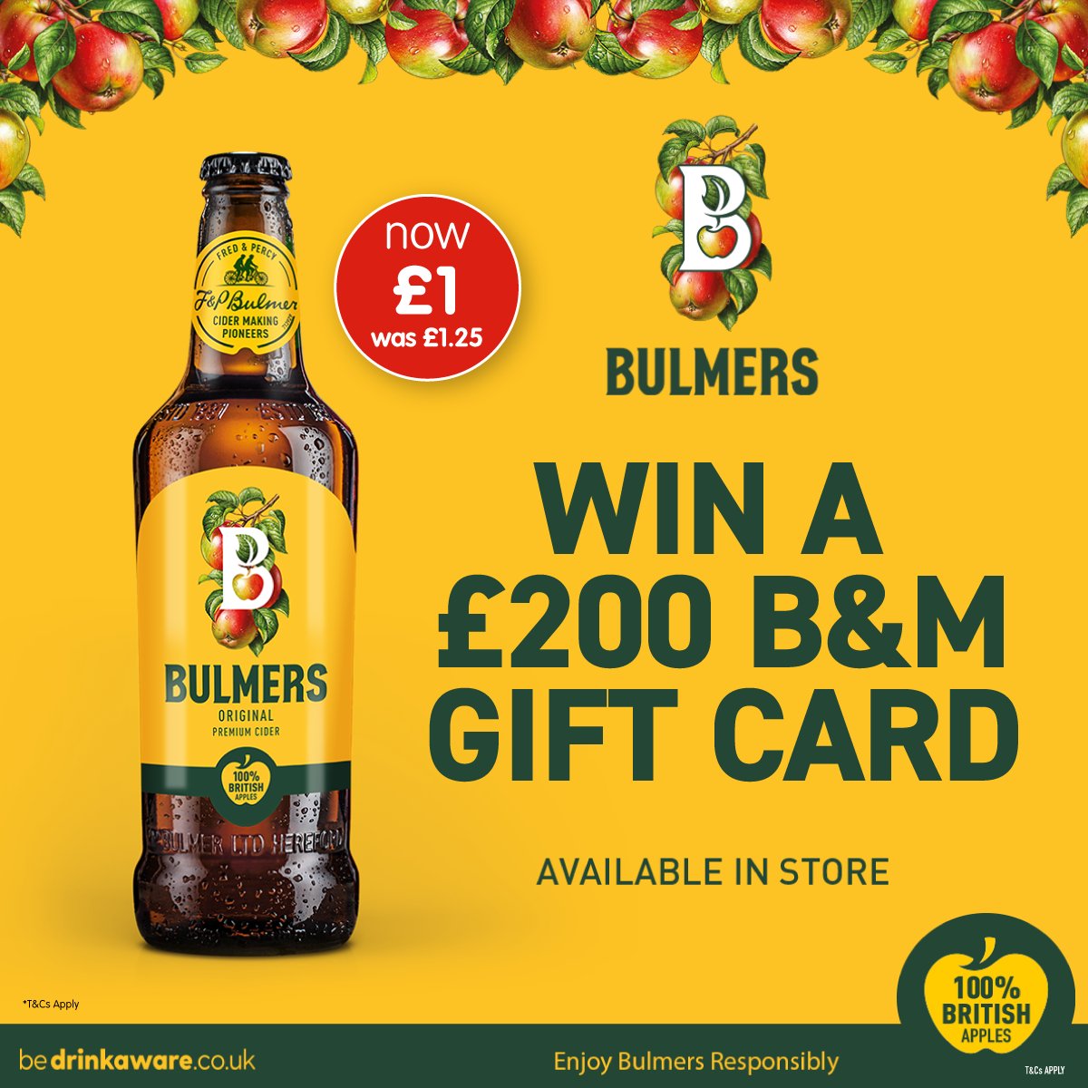 🍏 #COMPETITION TIME 🍏 Make the most of your weekend with a tasty @bulmerscider - reduced to just £1! For a chance to #WIN a £200 B&M gift card, simply; 1) FOLLOW US 2) RT 3) COMMENT #BMBulmers! Competition ends 9am 26/8/22