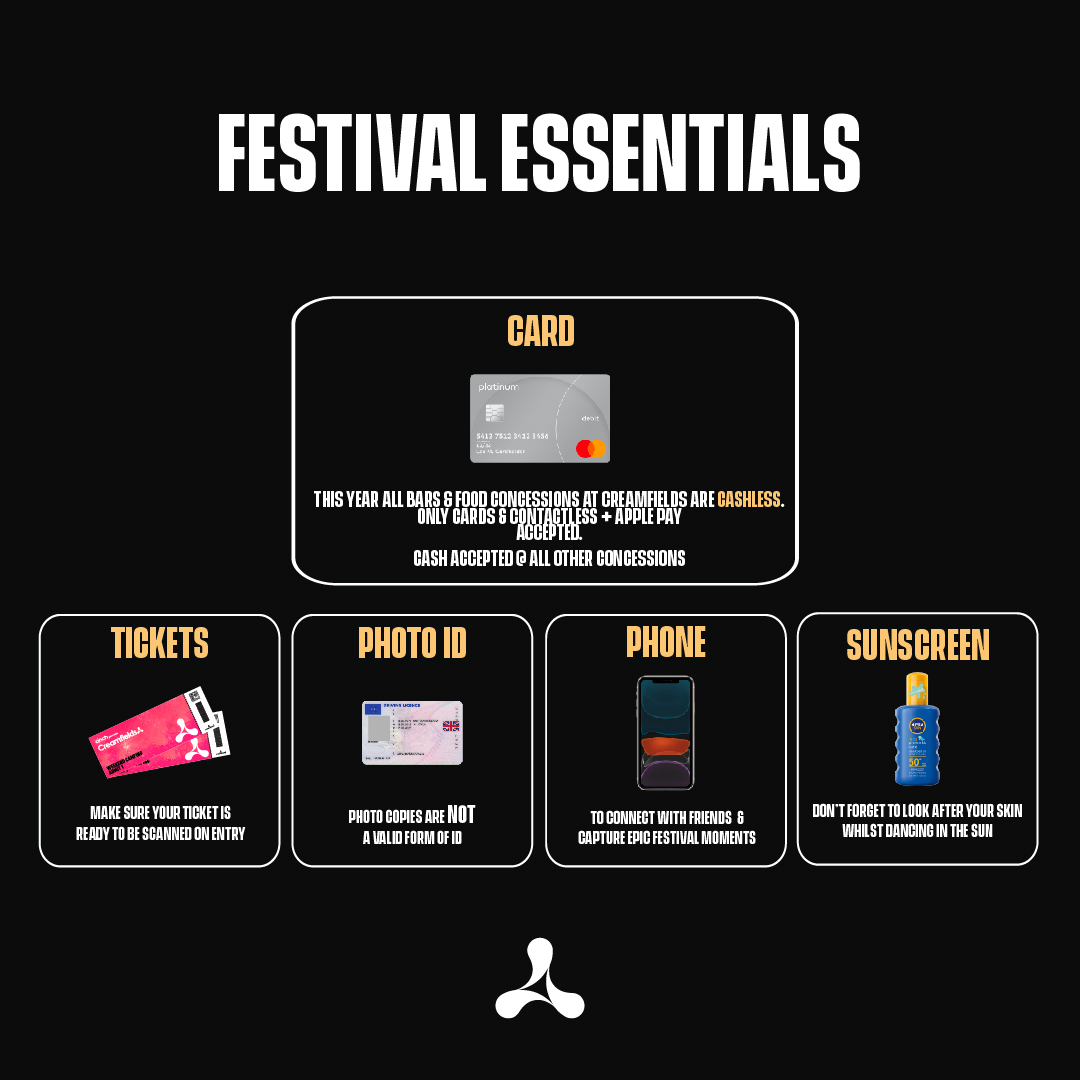 Creamfields's tweet photo. As we are getting closer to cinch present Creamfields North, makesure you remember all your festival https://t.co/4ky5hQ88YK #cinchxCreamfields #CreamfieldsInfo https://t.co/Bj2OFTc5xU