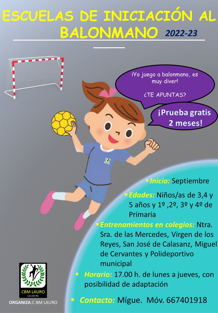 ➡️ El <a href="/cbmlauro/">wizz.eth 🧙‍♂️</a> informa de la puesta en funcionamiento de la campaña 2022-23 de ‘Iniciación al balonmano’, dirigida a niños/as de 3, 4 y 5 años y 1º, 2º, 3º y 4º de Primaria. Los entrenamientos se realizarán a las 17.00 horas en colegios de #loradelrio.