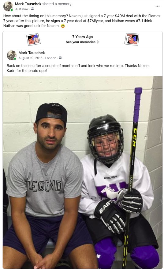 What do you think, @43_Kadri ? I think my boy was good luck for you 7 years ago! 😀 Congrats on your move back to Canada - you’re going to crush it with the Flames!