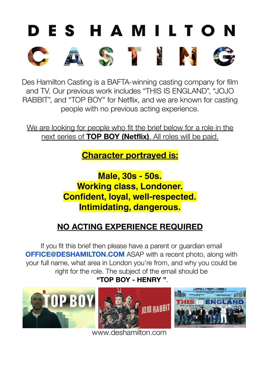 Looking for these people for next series of Top Boy (Netflix), if you fit the brief please get in touch or please share!