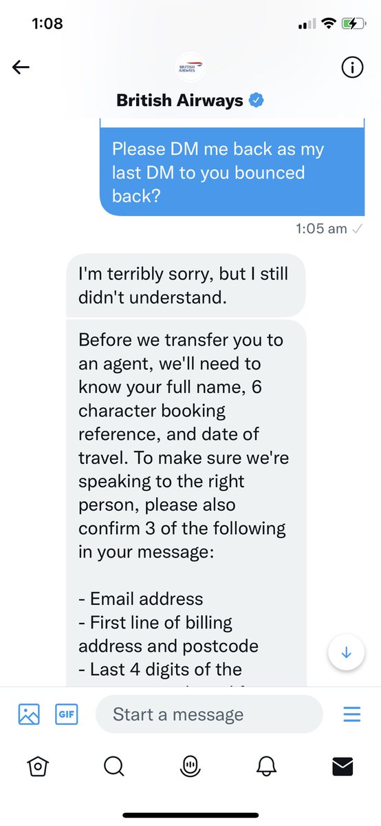 gatrash's tweet photo. @britishairways #BritishAirways Seriously? Can BA get anything right ? I message you to say I had lost my luggage and you asked for more details. I tried to Direct message you as per your request and I was given an automated reply saying you don’t understand! Shocking! https://t.co/WEtzG7pEjk