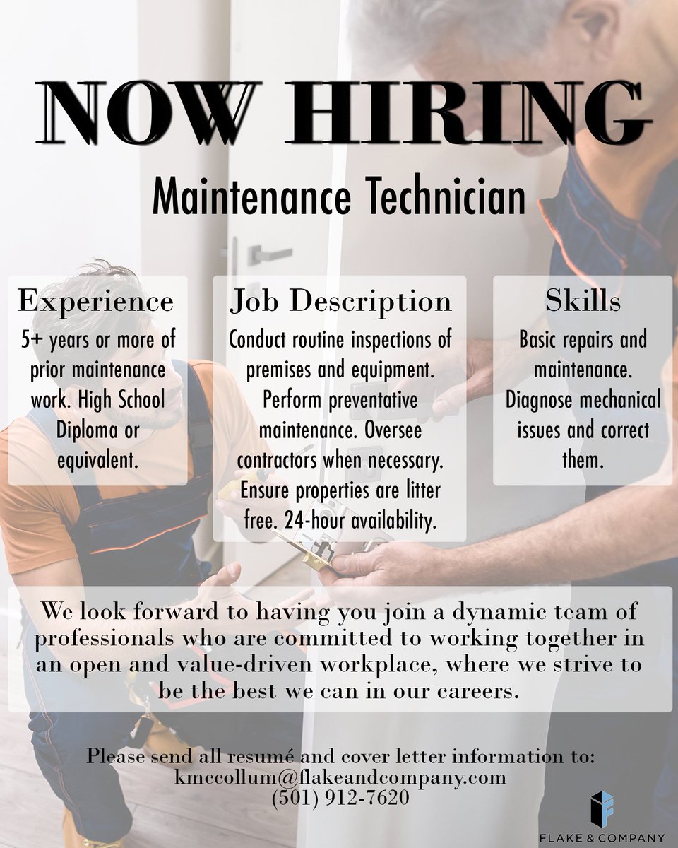 Flake and Company is seeking a Maintenance Technician. Candidate will be responsible for performing preventative maintenance, overseeing contractors when necessary, and conducting routine inspections of premises and equipment as well as keeping properties litter free. High Sc ...