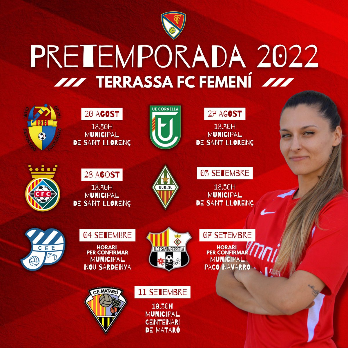 TerrassaFC's tweet photo. 𝗢𝗙𝗜𝗖𝗜𝗔𝗟 ❗  Així serà la PRETEMPORADA del nou @TerrassaFC femení 2⃣2⃣/2⃣3⃣ de @Juligv_8:

🏠 #CDFontsantaFatjó
🏠 #UECornellà
🏠 #CerdanyolaFC
🏠 #UESants
📍 #CEEuropa (Juvenil 🅰)
📍 #UCFSantaPerpètua
📍 #CEMataró 

🫶 #TerrassaFCExperience https://t.co/NjlDvuHgZ5