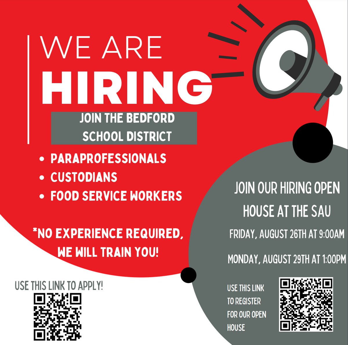 MISMustangs's tweet photo. The Bedford School District currently has approximately 75 positions unfilled - come join our team! 
Hiring Open House Friday 8/26 9:00AM and Monday 8/29 1:00pm https://t.co/DTEk6ZTrNW