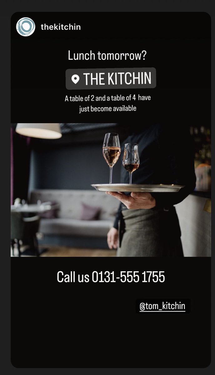 Would you like to lunch at The Kitchin tomorrow? 

A table of 2 and a table of 4 have just become available for lunch tomorrow, Saturday 

Call us on 0131-5551755
..
#thekitchin #fromnaturetoplate