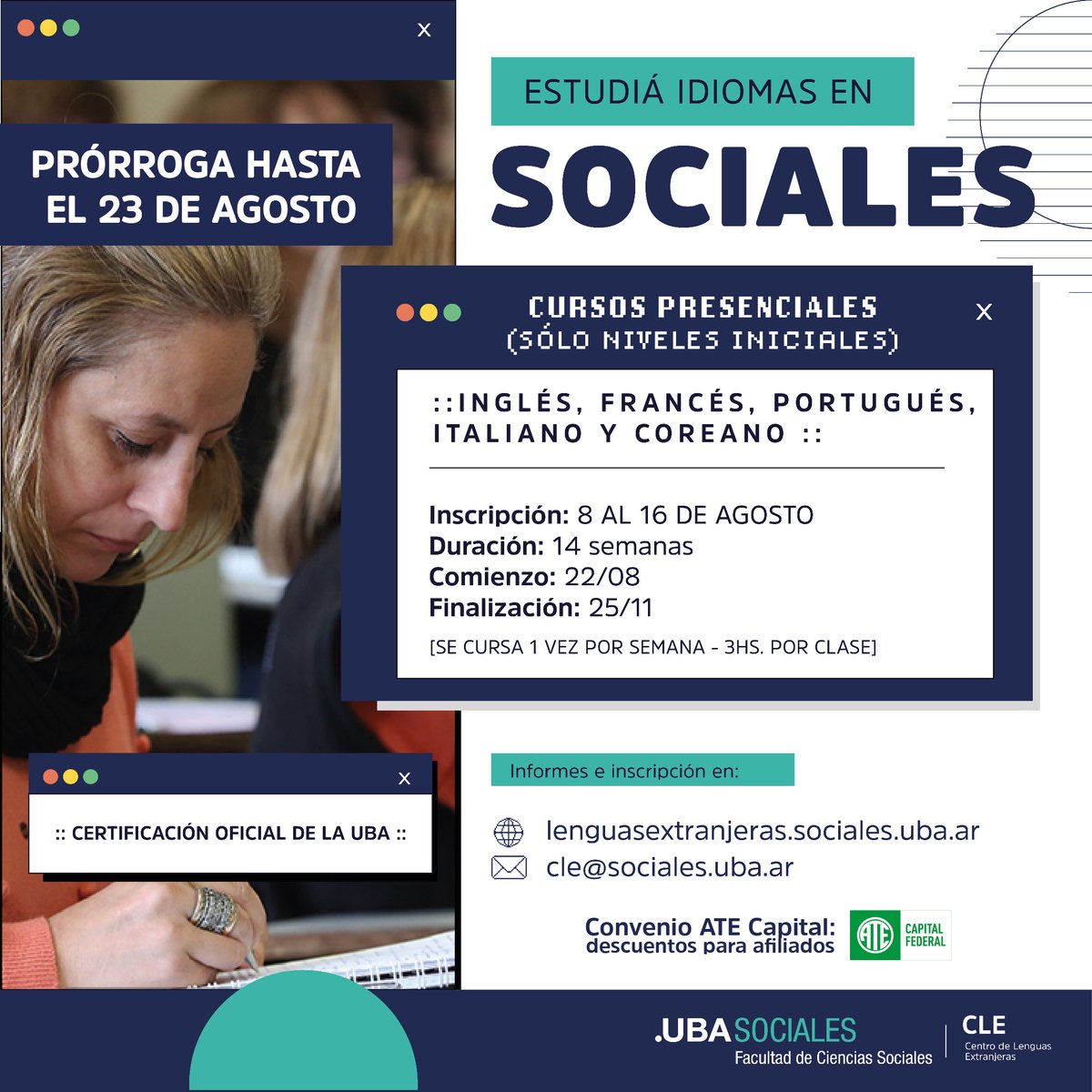 Hasta el 23 de agosto continuamos inscribiendo a los cursos de idiomas del Centro de Lenguas Extranjeras.

Toda la información sobre días, horarios y aranceles, la encontrás en lenguasextranjeras.sociales.uba.ar. (link en bio).

#UBA #UBAOnline #UBASociales #Fsoc #Sociales