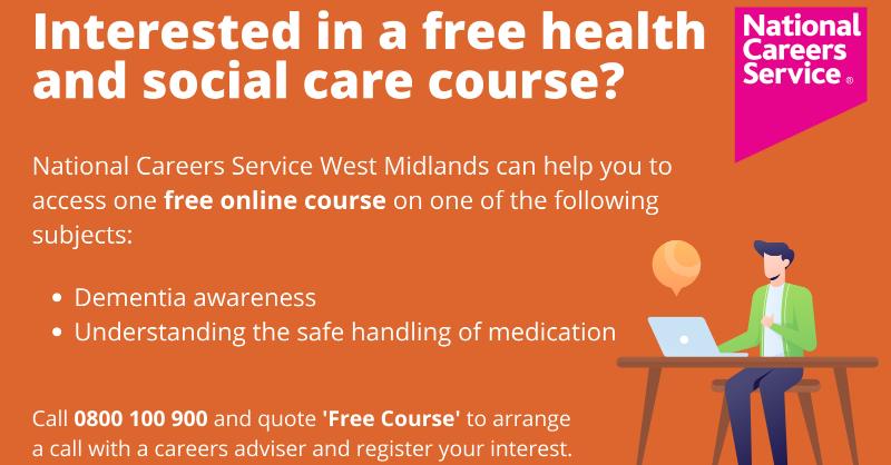 CareersWestMids's tweet photo. Do you want to progress your career in health and social care? Call 0800 100 900 and quote 'Free Course' to arrange a call with a careers adviser and register your interest. For more careers advice visit https://t.co/RQ0zrSybNn #MidlandsHour #WolvesHour #StaffordshireHour https://t.co/OCrUBZjF62