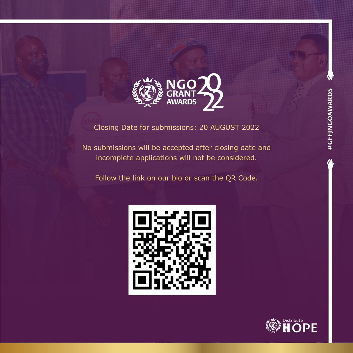 Real_GFFJ's tweet photo. Attention NGOs!
Please note that applications for the GFFJ NGO grant awards will close tomorrow, the 20th of August 2022.
If you have not yet applied, click the link below or scan the QR code.
https://t.co/9UuKlhYqkQ
#GLOBALFUNDFORJESUS
#GFFJNGOAWARDS
#DISTRIBUTEHOPE
#GFFJ https://t.co/rUDTj9VVi0