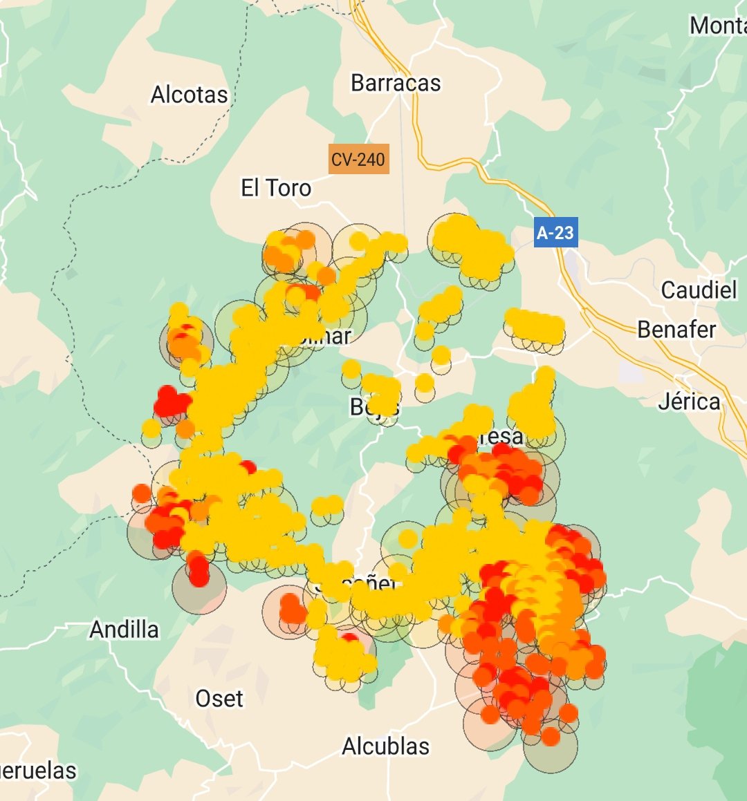 AragonMeteo's tweet photo. 🔥#IFBejis| ACTUALIZACIÓN| 17H
▪️El incendio continúa activo. Se localizan focos en la #SierradelToro y #LaMulatica (oeste), en el término de #Altura (sur) y al sur de #Teresa (este) https://t.co/DjTFmP3kts