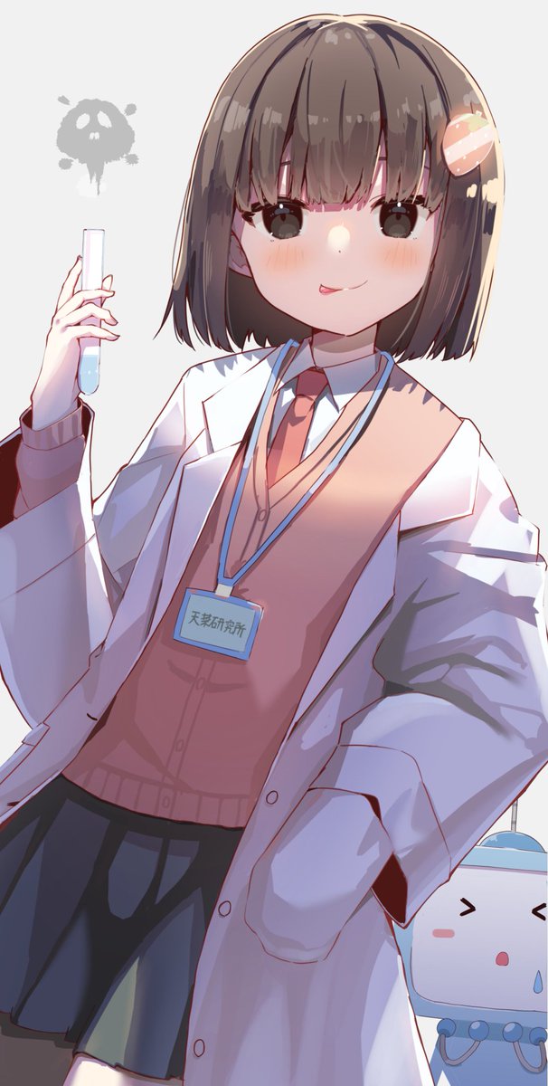 1girl labcoat brown hair skirt tongue out necktie red necktie  illustration images