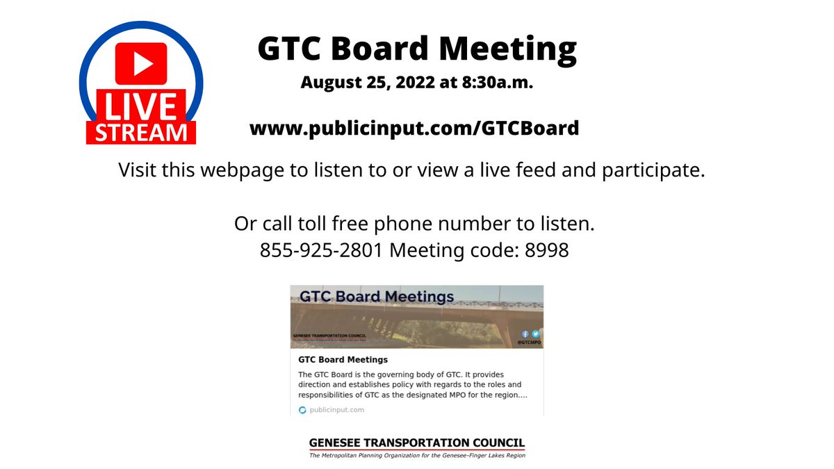 GTC to Hold Quarterly Board Meeting on Thursday, August 25 in Rochester and Also Livestream publicinput.com/B007447