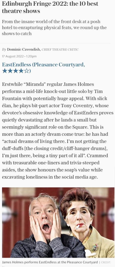 Telegraph names EastEndless in their ten best shows of the Fringe. Just one more week. 11.40am pleasance courtyard #eastendless #EastEnders #jamesholmes