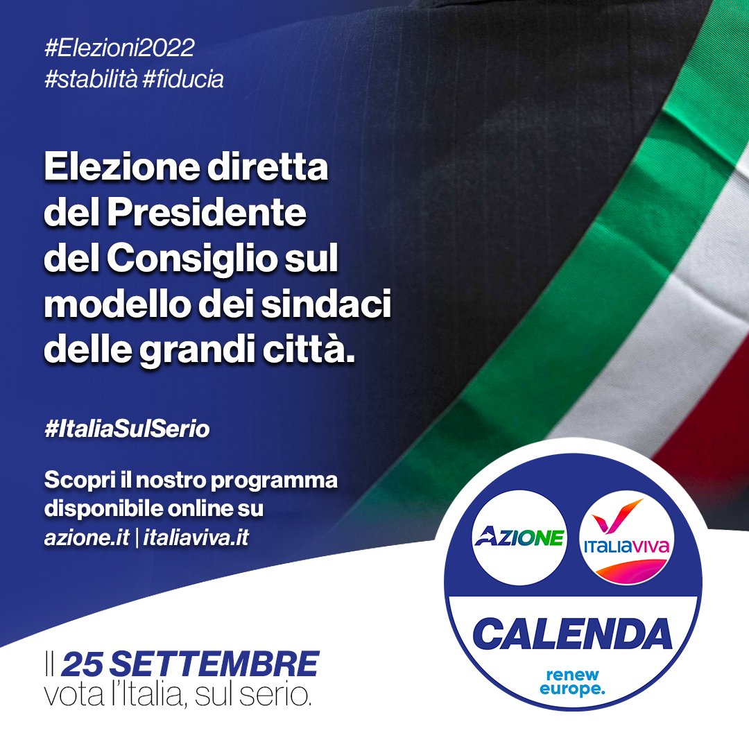 Azione_it's tweet photo. Il Paese ha bisogno di governi stabili ed efficienti, al servizio dei cittadini. Con il Sindaco d'Italia, dopo le elezioni si sa subito chi ha vinto e chi vince governa per 5 anni.

Il 25 settembre vota l'#ItaliaSulSerio 

Scopri il programma: https://t.co/jOIUnLlTHD https://t.co/e997iMDjPM