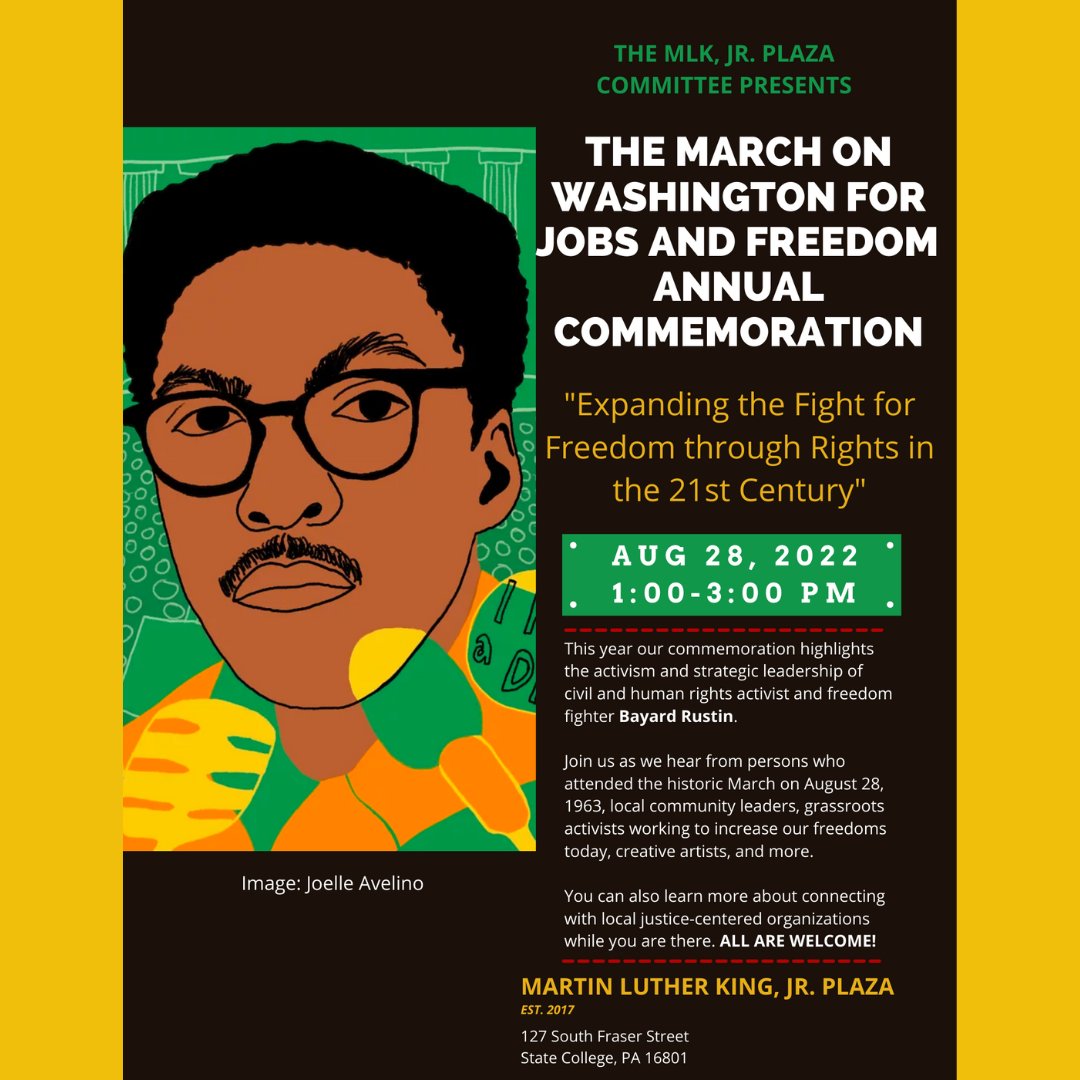 State_CollegePA's tweet photo. On Sunday August 28, The MLK Jr. Plaza Committee will be hosting a commemoration for the March on Washington for Freedom and Jobs.  Bring your friends and family to connect with local community organizers and activists. All in the community are encouraged to join! https://t.co/2OTxVbMTK1