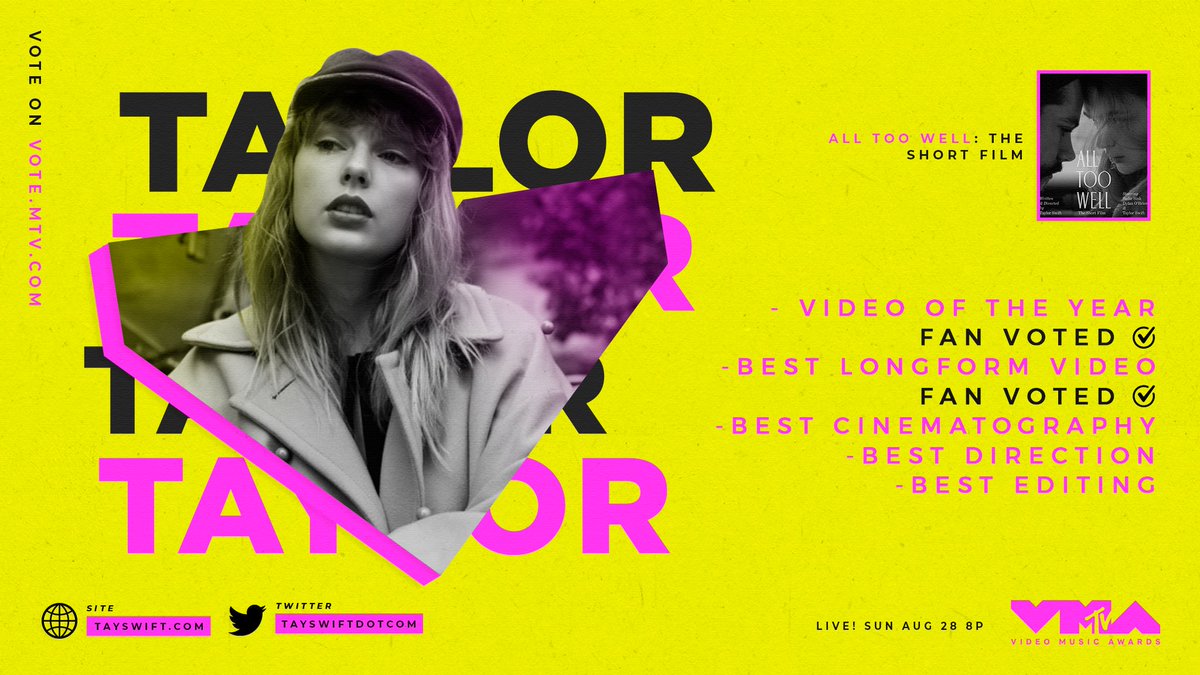 tayswiftdotcom's tweet photo. It is the LAST day to vote for @taylorswift13’s #AllTooWellTheShortFilm at the 2022 #VMAs! You can vote for Best Longform Video and Video Of The Year. Vote at https://t.co/Dlo24JjFcg! https://t.co/OXD3yyoA9N