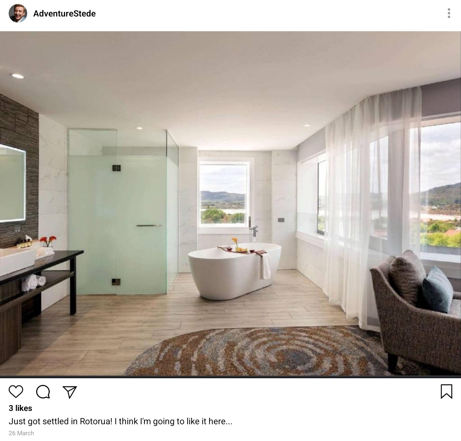 An Instagram post from Stede. It's a picture of his impressive hotel room. Caption reads: Just got settled in Rotorua! I think I'm going to like it here...