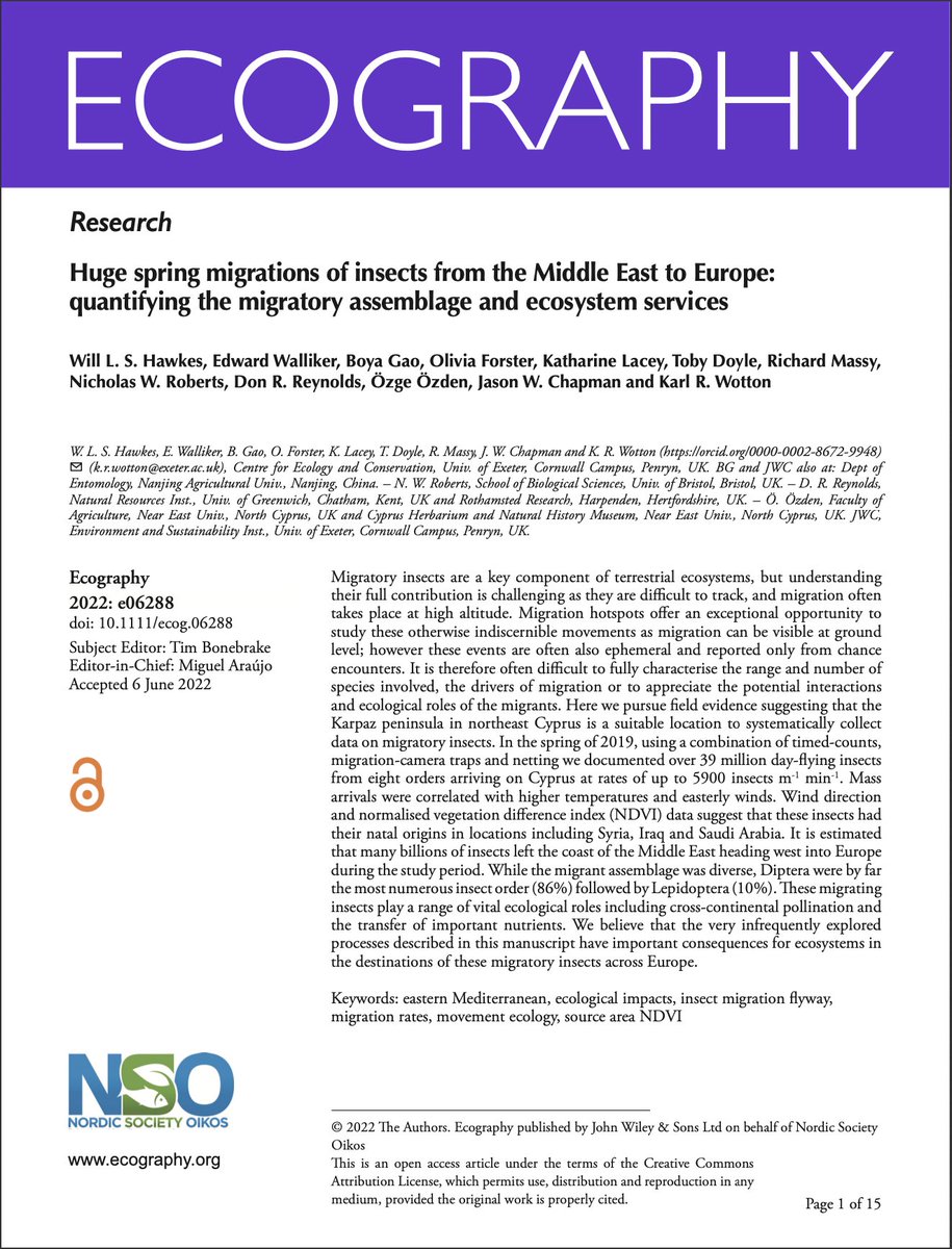 WillLeoHawkes's tweet photo. My 1st, 1st author paper is out now in @EcographyJourna  ! 
Huge numbers of insects migrate from the Middle East to Europe - &amp; most are flies with hugely important ecological roles to play!
PR: https://t.co/o6Vpb0eQAR
Paper: https://t.co/tBQhgfwJIA
I'm so excited! Thread: (1/12) https://t.co/yh2Adln8k4