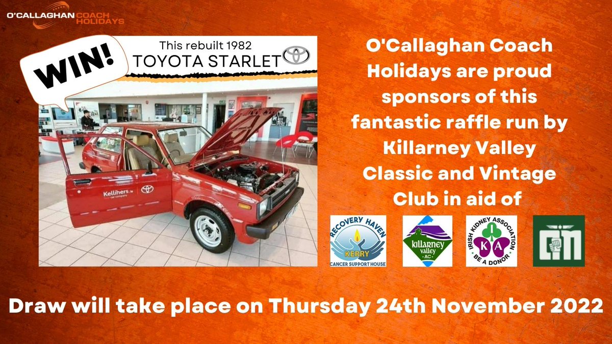 Delighted to sponsor this raffle - be in with a chance to win this Toyota Starlet for just €10 - other prizes also include a €500 voucher from O'Callaghan Coach Holidays😉
Tickets available from O'Callaghan Coach Holiday Base-  Best of Luck!
#toyotastarlet  #vintagecars 