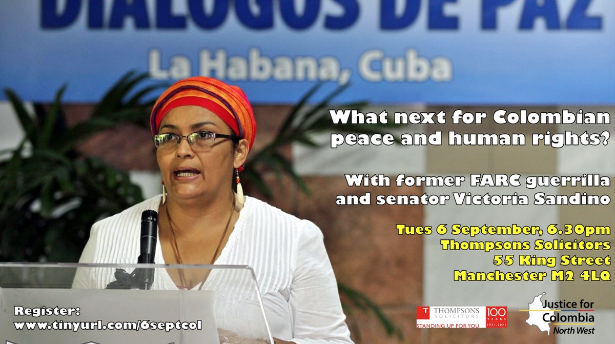 If you're in Manchester on Tues 6 Sept, JFC North West and <a href="/ThompsonsLaw/">Thompsons Solicitors</a> invite you to a special meeting with former FARC guerrilla, peace negotiator and senator <a href="/SandinoVictoria/">Victoria Sandino</a>, plus MPs and trade unionists from the region.

Free registration here: justiceforcolombia.org/events/manches…