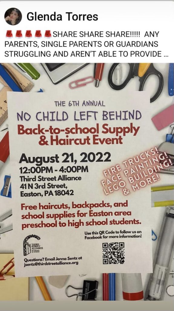 Hello Easton Community! 

The school year is quickly approaching and we are looking forward to being here for you. Please take a closer look at the photo below for more information on an amazing opportunity hosted by Third Street Alliance! 

#Eastonproud