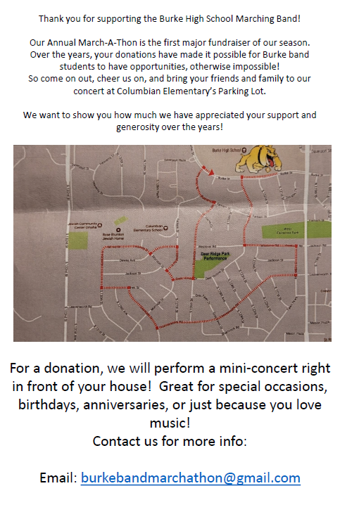It is almost here!! March a Thon is just around the corner on August 27th and it looks like it might be such a beautiful day. Please come out to COLUMBIAN ELEMENTARY parking lot for a concert at about 11am, Kona Ice will be there, and support the band and all their hard work.