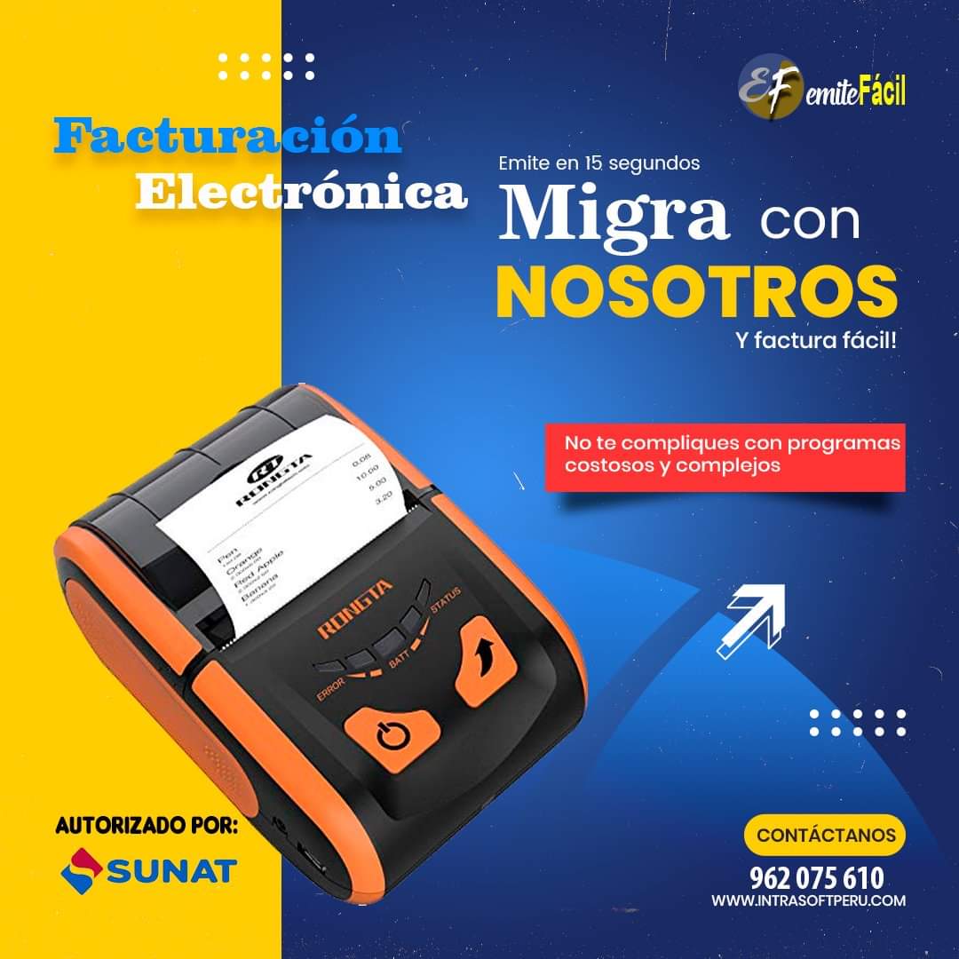 Intrasoftperu's tweet photo. ¡Migra con nosotros y factura en 15 segundos!
Cumple con tus obligaciones de una manera más sencilla, desde cualquier dispositivo conectado a internet!! 💻📲
#emitefácil
#FacturaciónElectrónica
#comprobanteselectrónicos
#sunat
#emprendedores
#ticketera
#IntraSoft https://t.co/34ZCF4eSQO