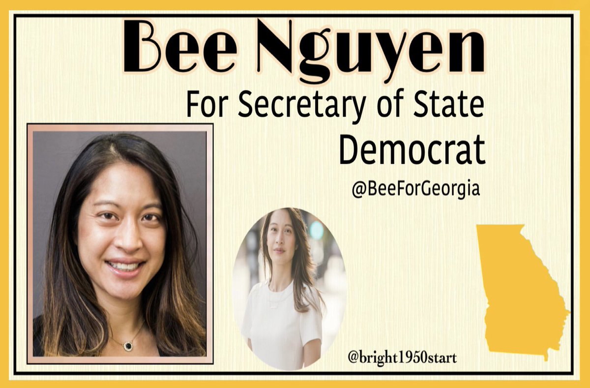 Georgia has been subjected to many years of voter suppression laws, intimidation of Black voters & voter purges. Help Bee Nguyen to defeat GOP Ratffensperger Bee Nguyen @BeeForGeorgia secure.actblue.com/donate/bee4sos #DemVoice #LiveBlue2022 #ONEV1 #BlueDot #ResistanceUnited