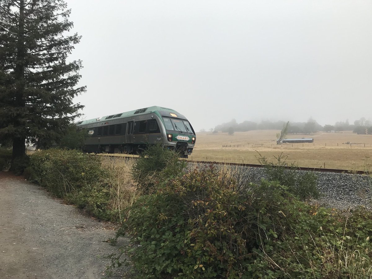 Southbound <a href="/SMARTtrain/">SMART Train</a> between Cotati and Petaluma Downtown this morning.