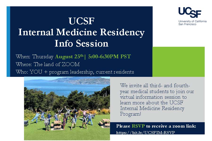📢 Calling all MS3s and MS4s to join a virtual information session to learn about the @UCSFIMChiefs Internal Medicine Residency! 📢