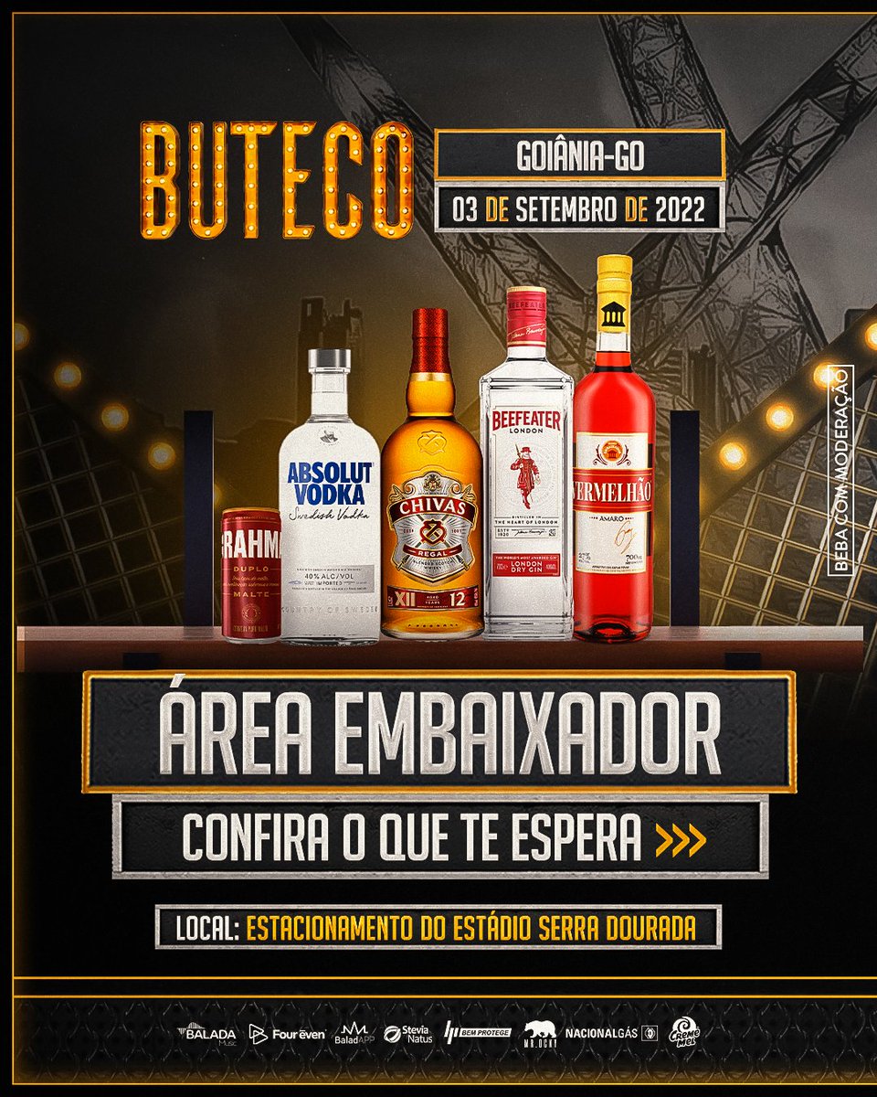 OficialButeco's tweet photo. O maior Buteco do mundo merece o melhor open de todos! Garanta seu ingresso da Área Embaixador e curta o #ButecoGYN em grande estilo!
• OPEN BAR: CHIVAS 12, ABSOLUT, BEEFEATER, BRAHMA DUPLO MALTE E VERMELHÃO
• BANHEIROS PRIVATIVOS
• DECORAÇÃO ESPECIAL
• 10H DE OPEN BAR https://t.co/HAfLl28GM7