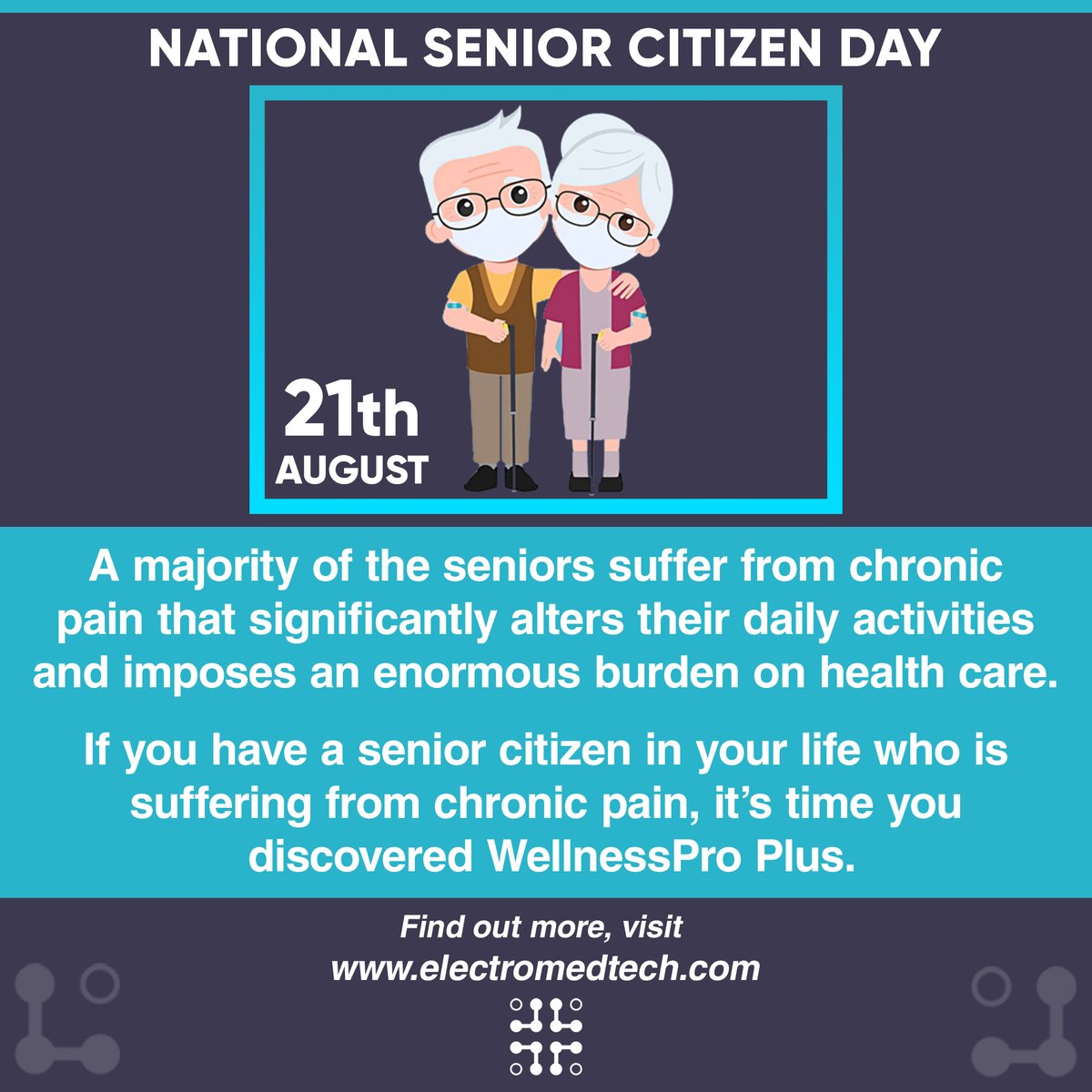 electromedtech's tweet photo. The majority of the seniors suffer from chronic pain that significantly alters their daily activities and imposes an enormous burden on health care.
If you have a senior citizen in your life who is suffering from chronic pain, it’s time you discovered #WellnessPro Plus. https://t.co/FKatZscvw7