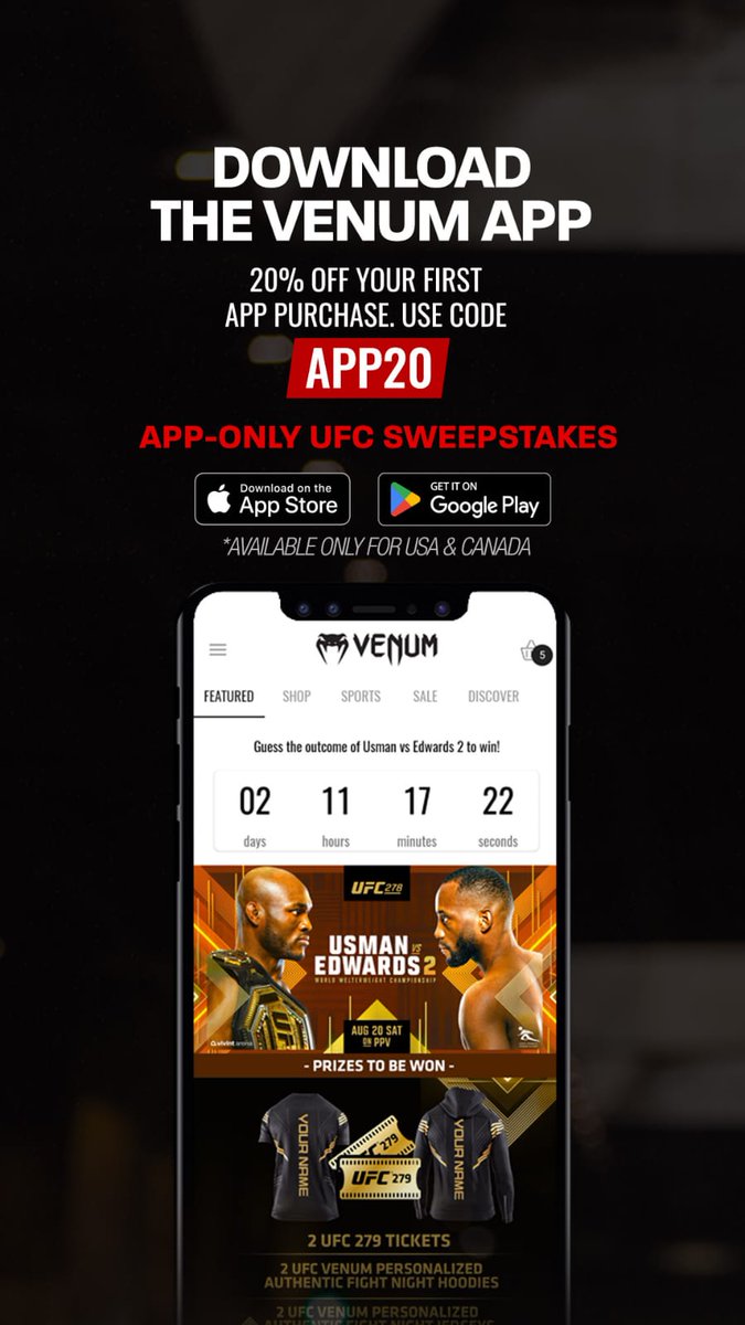 Download the new Venum app for exclusive products, sales, and competitions! Win a pair of <a href="/UFC/">UFC</a> 279 tickets! #UFC278 qrco.de/venum-app