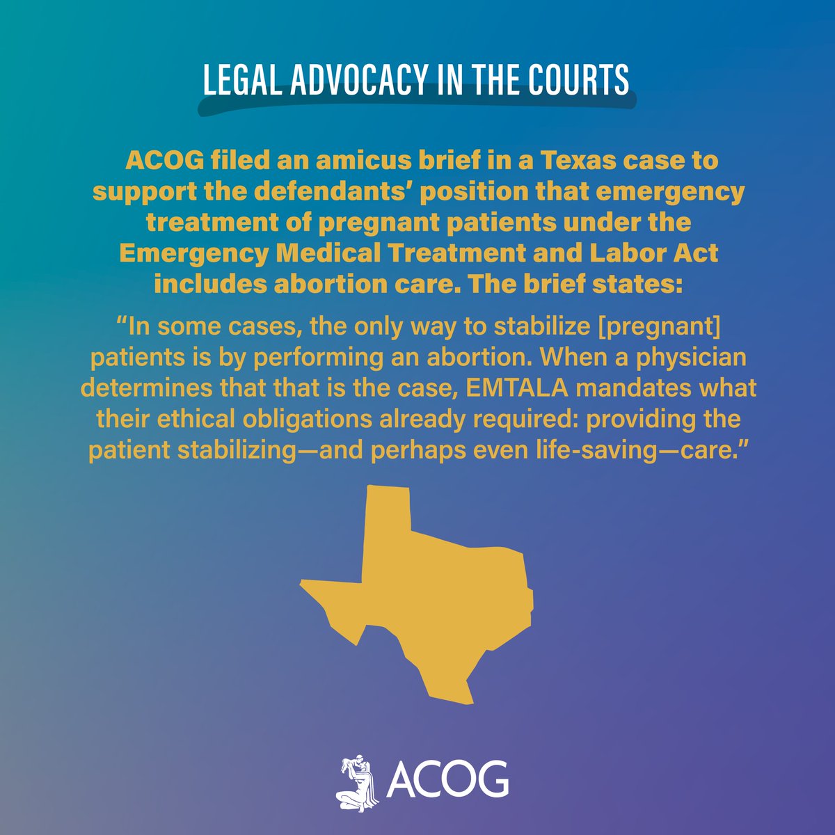 “Abortion may be the necessary stabilizing treatment for some emergency conditions.” Read more of the amicus brief that ACOG, @AmerMedicalAssn, @MySMFM, and more filed in a Texas case about abortion care as emergency medical treatment for pregnant patients:bit.ly/3Aw9Jqp