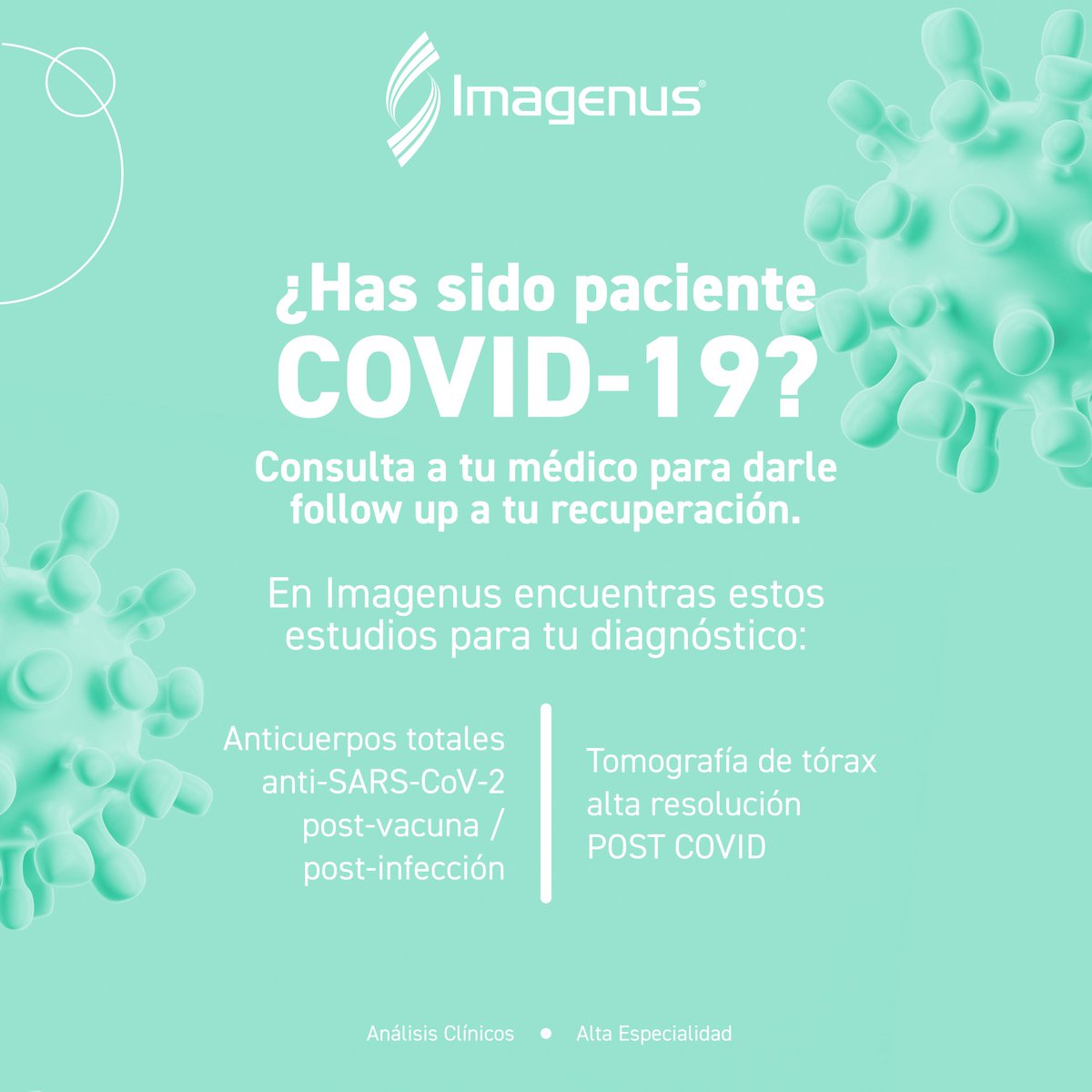 Imagenus's tweet photo. 😷Después de COVID-19, tu salud requiere una atención especial para diagnosticar la huella que dejó y posibles afecciones.
Consulta a tu médico para obtener una recuperación integral, nosotros estaremos para la realización de los estudios que te indique. https://t.co/8xyLQctLhs