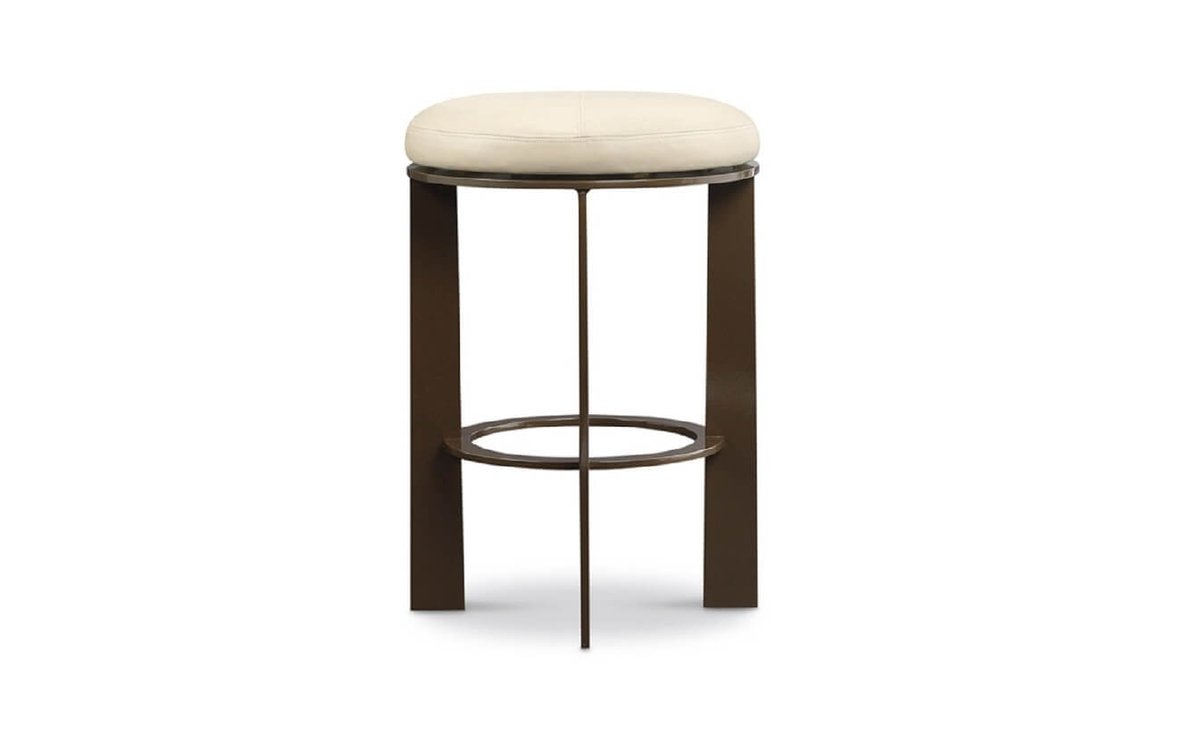 Bar Stool with Upholstered Seat with Burnished bronze powder coat base with 90° return swivel seat by designer Jiun Ho from Kinkou collection. #barstool #bolier #kinkoucollection #jiunho #interiordesign #luxuryfurniture #deccahome #deccafurniture