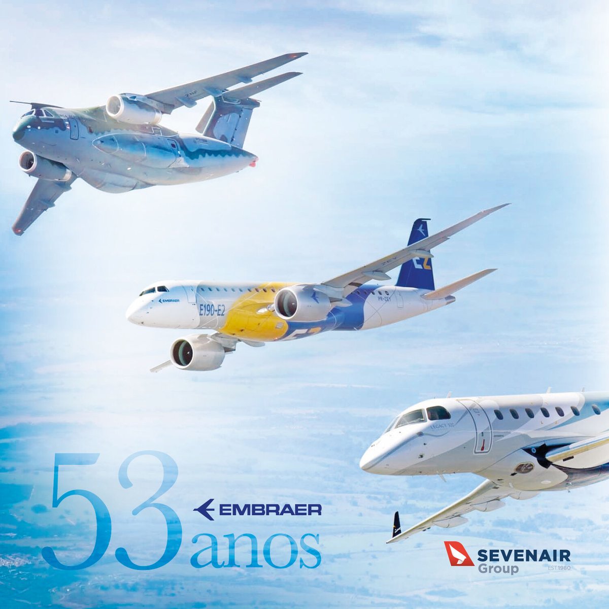 SevenairGroup's tweet photo. A @embraer completa hoje 53 anos e segue como referência na aviação mundial. Em Portugal tem uma participação maioritária na @OGMA_PT , nosso grande cliente na produção de componentes em Évora.

#embraer #ogma #evora #portugal #aviação #aviation https://t.co/Ym513XtZWv