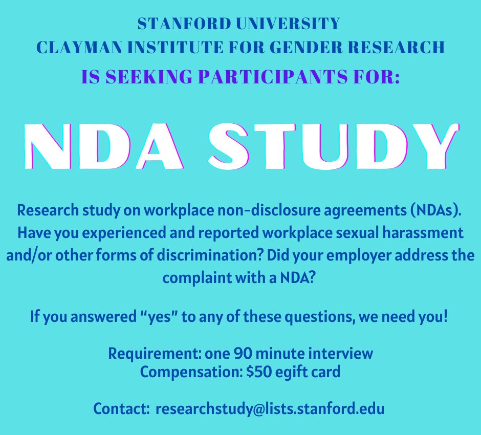 Clayman Institute (@clayman_inst) on Twitter photo Have you experienced or reported workplace sexual harassment and/or other forms of discrimination? <a href="/Clayman_Inst/">Clayman Institute</a>, in partnership with <a href="/LiftOurVoicesUS/">Lift Our Voices</a>, are seeking participants for a research study on NDAs in the workplace. Contact researchstudy@lists.stanford.edu. Have you experienced or reported workplace sexual harassment and/or other forms of discrimination? <a href="/Clayman_Inst/">Clayman Institute</a>, in partnership with <a href="/LiftOurVoicesUS/">Lift Our Voices</a>, are seeking participants for a research study on NDAs in the workplace. Contact researchstudy@lists.stanford.edu.