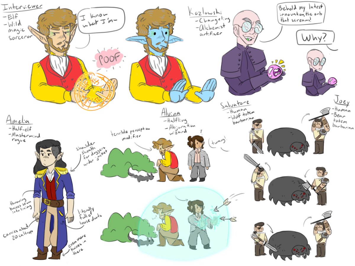 NerdyDuckling's tweet photo. @Delayed_Melody Okay okay so these are decently old at this point (over a year since I drew them) which is why Kozlowski looks that way ajdhsjshdh but here they are! Including my doodles that had race and class headcanons 👉👈 https://t.co/5ulWJccQHE