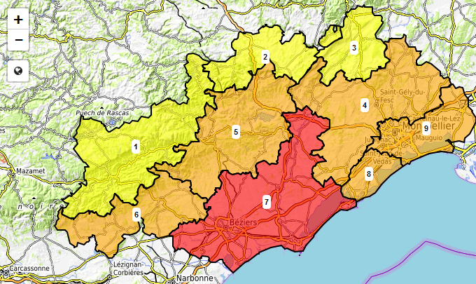 Prefet34's tweet photo. 🗺Carte du risque #FeuxDeForêt samedi 2⃣0⃣ août ⚠️
🔴 Risque très élevé: Plaine viticole Cœur #Hérault &Plaines littorales
🟠 Risque élevé ds 5 secteurs
⛔️accès interdit dès 11H ds la Gardiole, forêt dom de St Guilhem le Désert&Pic St Loup
❌Ni feu, ni barbecue
📞18 ou 112 si 🔥 https://t.co/442kTYLFsK